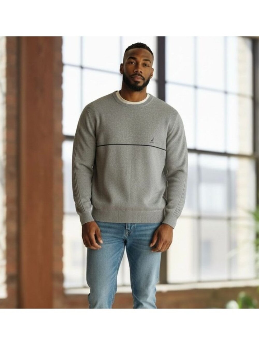Vintage Nautica Mens XXL Sweater Crew Neck Pullover Gray Logo Cotton Horizontal